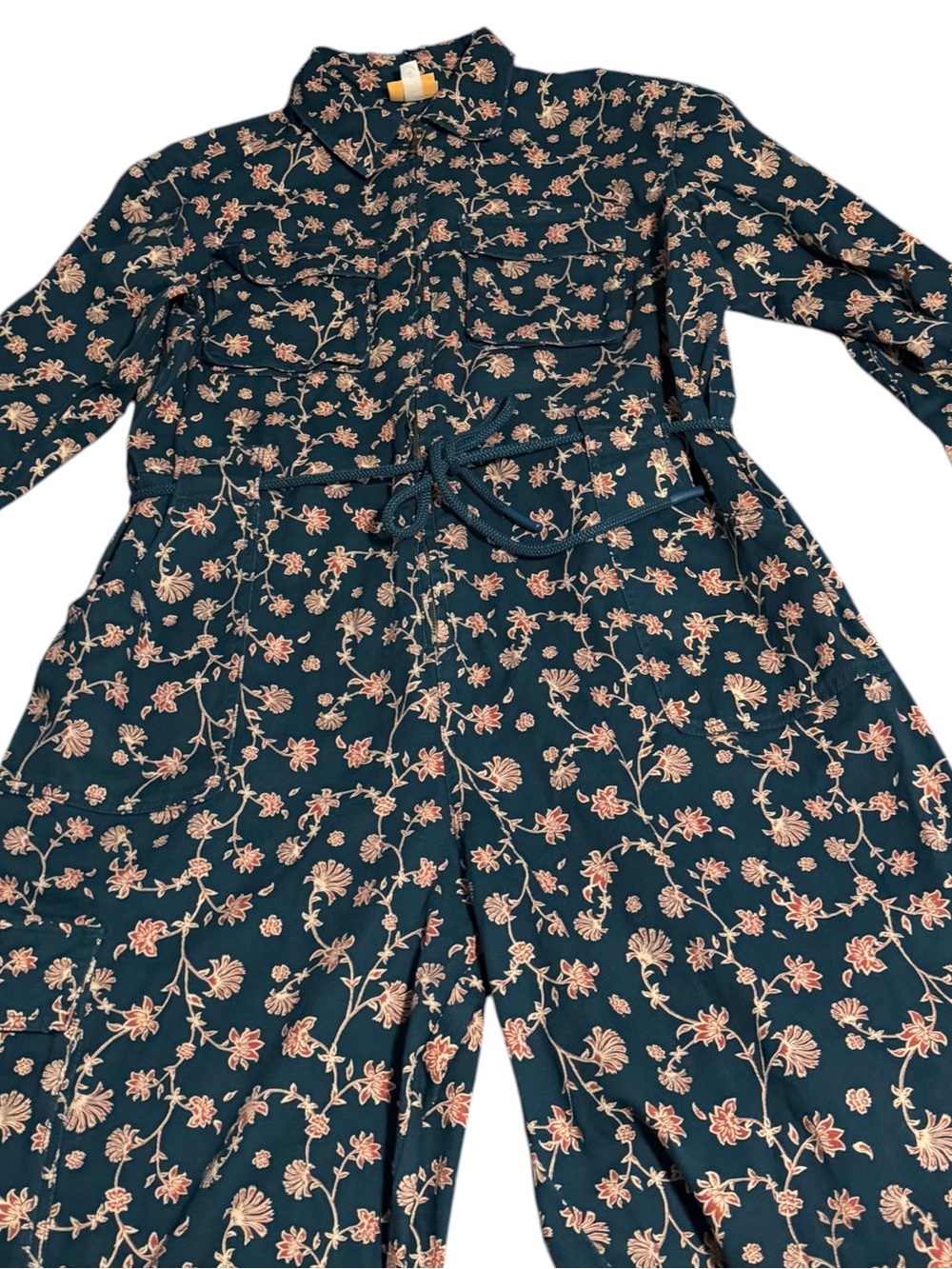 Boilersuit / Jumpsuit w/ Rope Drawstring, 7 Pockets ~ Teal w/ Small Pink Flowers - Picture 8 of 11